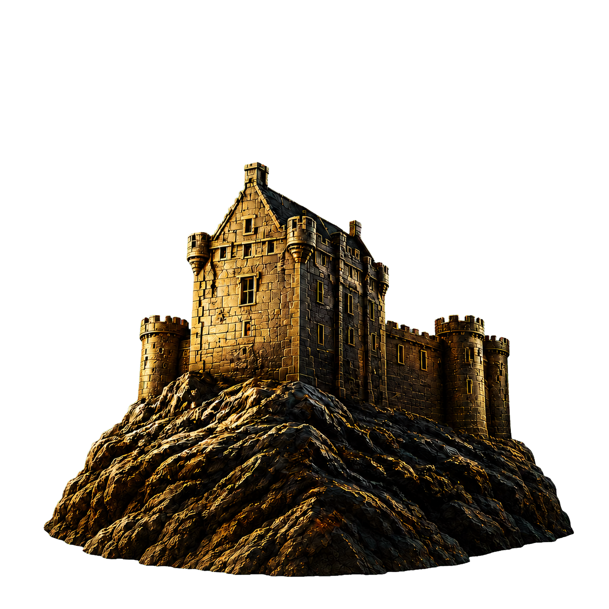 Three-dimensional Skyfall Legacy Holdings LLC castle on a rocky hill